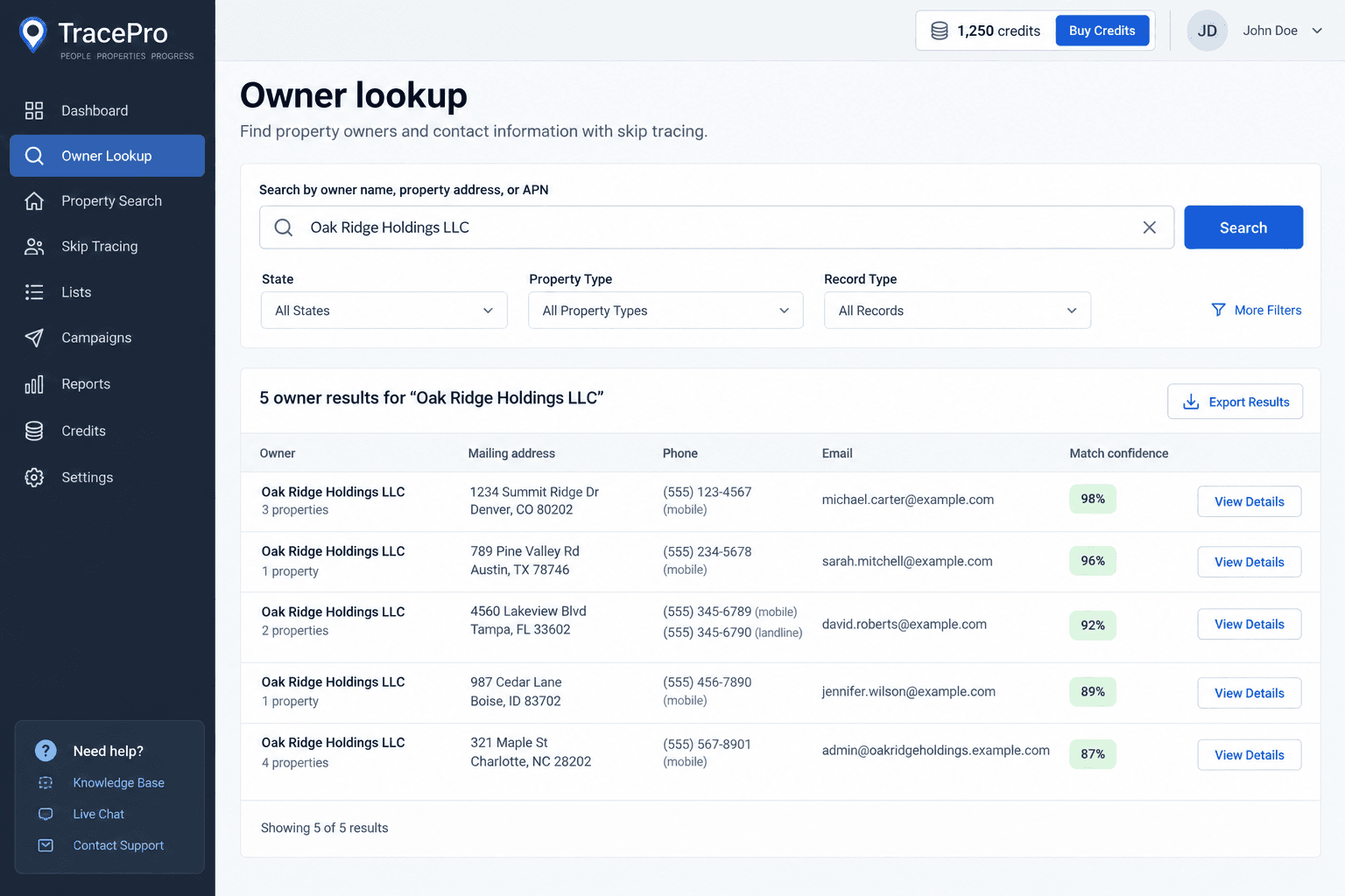 Illustrative Skip Tracing interface